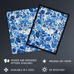 "Artery8 Cat Lover Floral Blue China Pattern Watercolour Framed Wall Art - Size: W12"" x H16""" - thumbnail 2