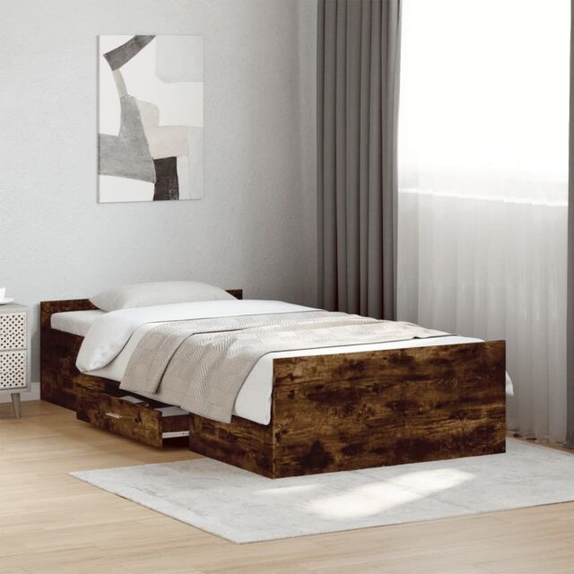 Berkfield Home Bed Frame with Drawers without Mattress Smoked Oak 100x200 cm in Brown - image 1