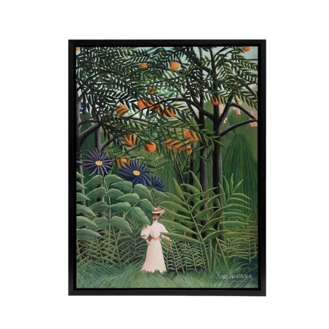 "Artery8 Woman Walking in an Exotic Forest Rousseau Black Framed Canvas Art in Green - Size: W24"" x H32""" - image 1
