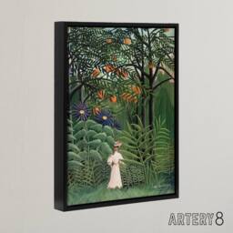 "Artery8 Woman Walking in an Exotic Forest Rousseau Black Framed Canvas Art in Green - Size: W24"" x H32""" - thumbnail 2
