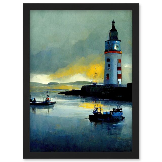 Artery8 Scottish Harbour Fishing Boats Lighthouse Modern Artwork Framed Wall Art Print A4 in Black - image 1