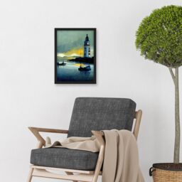 Artery8 Scottish Harbour Fishing Boats Lighthouse Modern Artwork Framed Wall Art Print A4 in Black - thumbnail 2