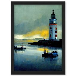 Artery8 Scottish Harbour Fishing Boats Lighthouse Modern Artwork Framed Wall Art Print A4 in Black - thumbnail 1