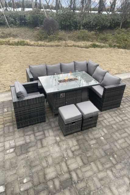 Fimous Outdoor Corner Sofa Gas Fire Pit Table Sets Heater Burner 9 Seater in Dark Grey - image 1