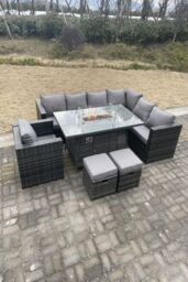 Fimous Outdoor Corner Sofa Gas Fire Pit Table Sets Heater Burner 9 Seater in Dark Grey - thumbnail 3