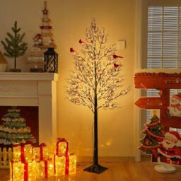 Smartbies 150cm Pre Lit LED Twig Birch Christmas Tree Lamp with Red Birds in Black - Size: 150 cm x 15 cm - thumbnail 6
