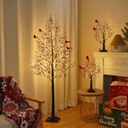 Smartbies 150cm Pre Lit LED Twig Birch Christmas Tree Lamp with Red Birds in Black - Size: 150 cm x 15 cm - thumbnail 5