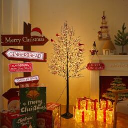 Smartbies 150cm Pre Lit LED Twig Birch Christmas Tree Lamp with Red Birds in Black - Size: 150 cm x 15 cm