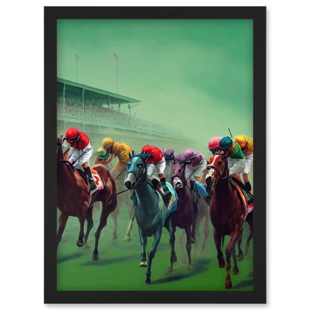 Artery8 Kentucky Derby Horse Racing Jockeys Modern Oil Painting Artwork Framed Wall Art Print A4 in Black - image 1