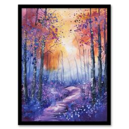 Artery8 Bluebell Woods Abstract Violet Forest Sunrise Framed Art Print in Purple - Size: A4 - thumbnail 1
