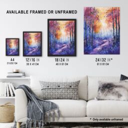Artery8 Bluebell Woods Abstract Violet Forest Sunrise Framed Art Print in Purple - Size: A4 - thumbnail 3