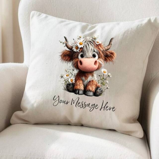 Aye Do Gifts Daisy Highland Cow Personalised Cushion in Beige - Size: 40 cm x 40 cm - image 1