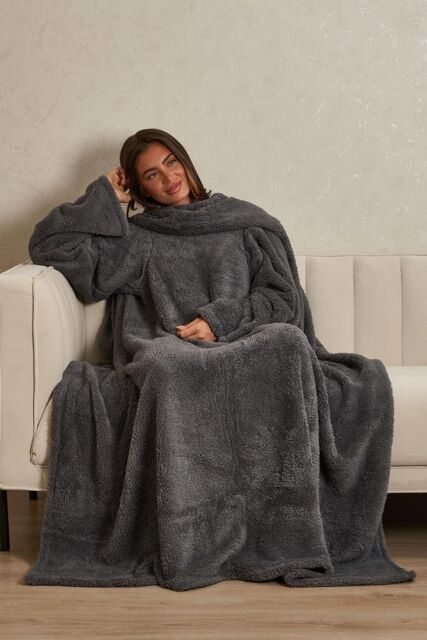 OHS Women's Teddy Fleece Blanket with Sleeves Wearable Throw in Charcoal - image 1