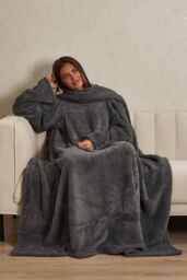 OHS Women's Teddy Fleece Blanket with Sleeves Wearable Throw in Charcoal - thumbnail 1