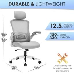 EONLION Grey, Model 751 Ergonomic Office Chair for Work & Study Chair in Grey - Size: 100 cm - thumbnail 2