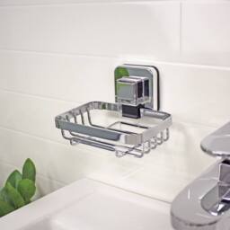 Showerdrape Pushloc Chrome Suction Wall Mounted Soap Basket & Mounting Squares in Silver