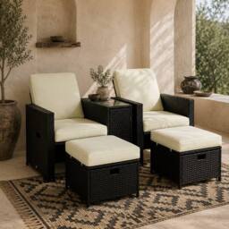 Wyld Haus Niludo Outdoor Rattan Set Black Beige Reclining Chairs - thumbnail 1