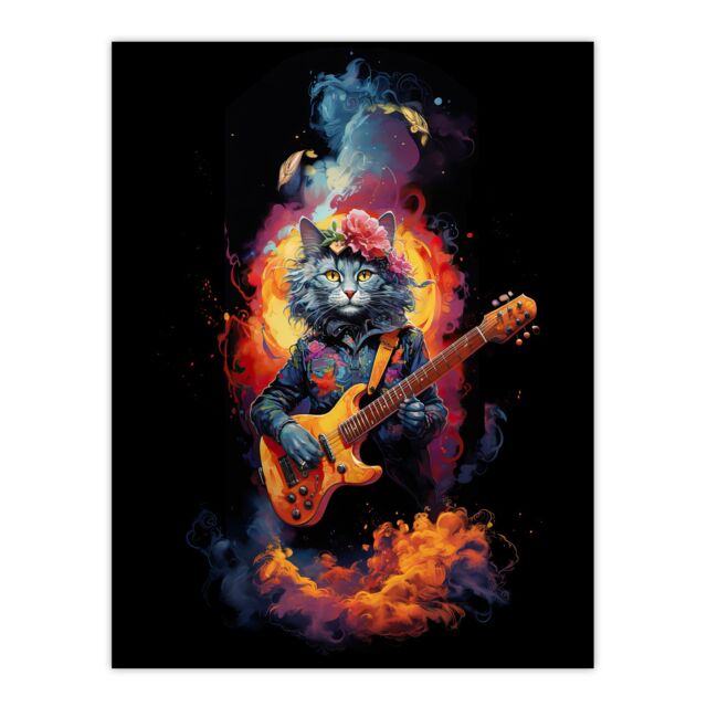 "Artery8 Wall Art Print Smelly Cat Lover Gift Pet Portrait with Guitar Conceptual Orange Blue Purple Artwork Painting Poster - Size: W18"" x H24""" - image 1