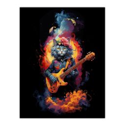 "Artery8 Wall Art Print Smelly Cat Lover Gift Pet Portrait with Guitar Conceptual Orange Blue Purple Artwork Painting Poster - Size: W18"" x H24""" - thumbnail 1