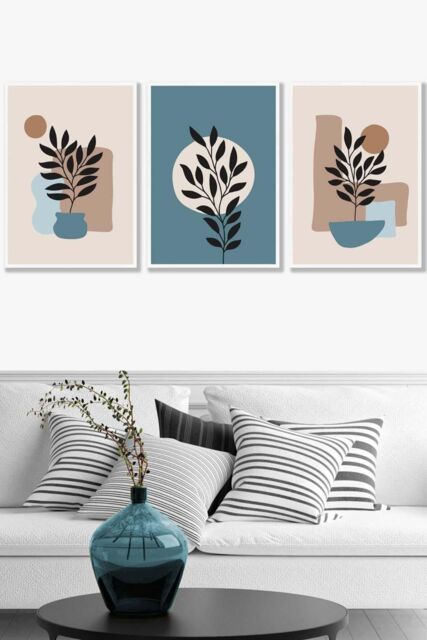 ARTZE Set of 3 White Framed Graphical Boho Floral Teal & Beige Botanical Wall Art - Size: W45 cm x H62 cm x D20mm - image 1