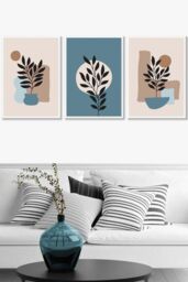 ARTZE Set of 3 White Framed Graphical Boho Floral Teal & Beige Botanical Wall Art - Size: W45 cm x H62 cm x D20mm - thumbnail 1