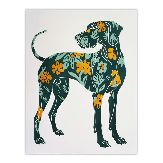 "Artery8 Great Dane Dog Lover Green Orange Floral Pattern Wall Art Print - Size: W24"" x H32""" - image 1