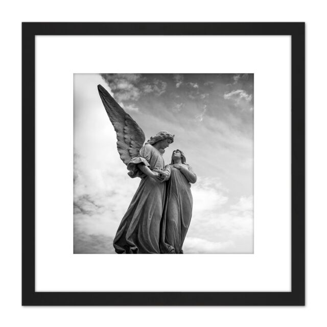 Artery8 Greyscale Angel Statue Cloudy Sky Photo 8X8 Inch Square Wooden Framed Wall Art Print Picture with Mount in Black - image 1