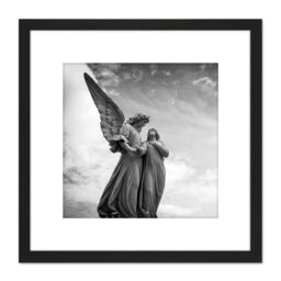 Artery8 Greyscale Angel Statue Cloudy Sky Photo 8X8 Inch Square Wooden Framed Wall Art Print Picture with Mount in Black - thumbnail 1