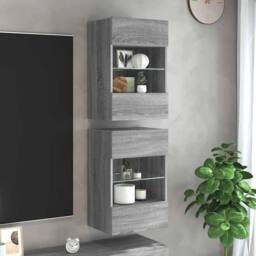 Berkfield Home TV Wall Cabinets with LED Lights 2 pcs Grey Sonoma 40x30x60.5 cm - thumbnail 2