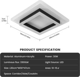 Goeco LED Ceiling Light, 30W, Modern Square Ceiling Light, for Bedroom, 30cm in Black - thumbnail 6