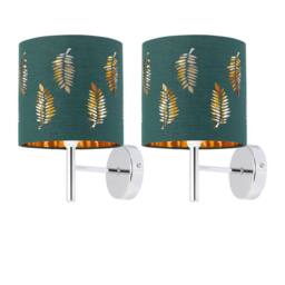 First Choice Lighting Set of 2 Brea - Chrome Wall Lights with Dark Green Fern Shades in Silver