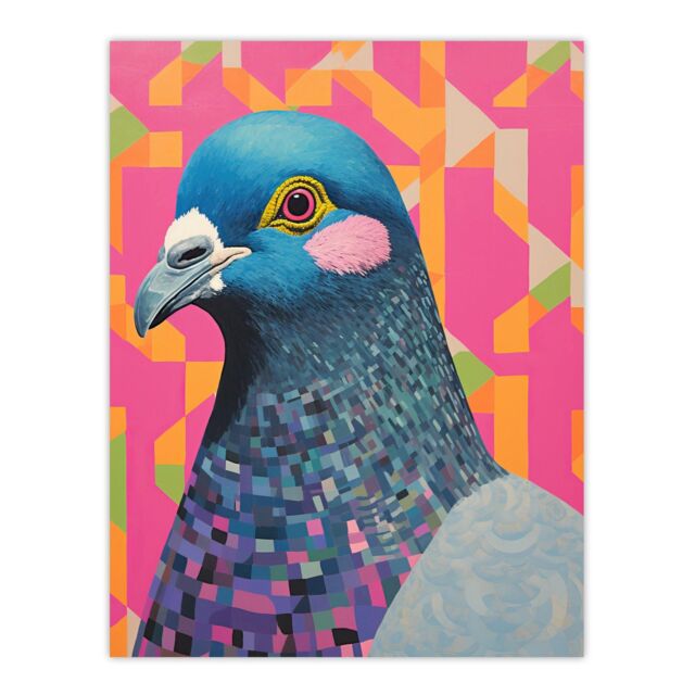 "Wee Blue Coo Wall Art Print Perky Pigeon Oil Painting Pink Orange Blue Vibrant Animal Portrait Poster - Size: W24"" x H32""" - image 1