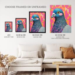 "Wee Blue Coo Wall Art Print Perky Pigeon Oil Painting Pink Orange Blue Vibrant Animal Portrait Poster - Size: W24"" x H32""" - thumbnail 3