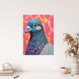 "Wee Blue Coo Wall Art Print Perky Pigeon Oil Painting Pink Orange Blue Vibrant Animal Portrait Poster - Size: W24"" x H32""" - thumbnail 4