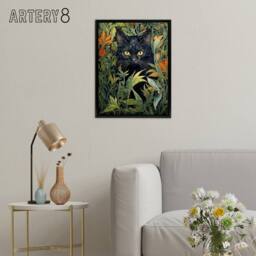 "Artery8 Cat & Flowers Art Nouveau Framed Canvas Wall Art Print in Green - Size: W12"" x H16""" - thumbnail 3