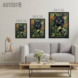 "Artery8 Cat & Flowers Art Nouveau Framed Canvas Wall Art Print in Green - Size: W12"" x H16""" - thumbnail 4