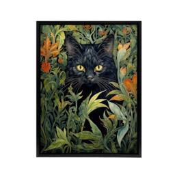 "Artery8 Cat & Flowers Art Nouveau Framed Canvas Wall Art Print in Green - Size: W12"" x H16""" - thumbnail 1