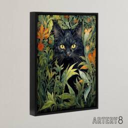 "Artery8 Cat & Flowers Art Nouveau Framed Canvas Wall Art Print in Green - Size: W12"" x H16""" - thumbnail 2