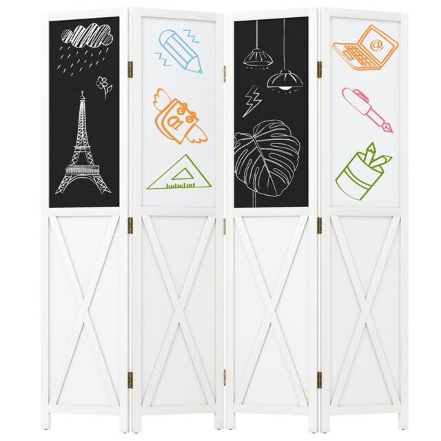 Costway 4-Panel Folding Room Divider w/ 2 Blackboards & 2 Whiteboards in White - image 1