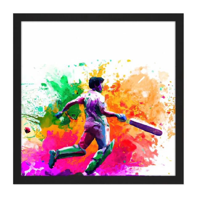 "Artery8 Wall Art Print Indian Cricket Batsman Sports Colour Burst Splatter Orange Pink Painting Square Framed Picture 16X16 Inch - Size: W16"" x H16""" - image 1