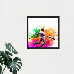 "Artery8 Wall Art Print Indian Cricket Batsman Sports Colour Burst Splatter Orange Pink Painting Square Framed Picture 16X16 Inch - Size: W16"" x H16""" - thumbnail 2