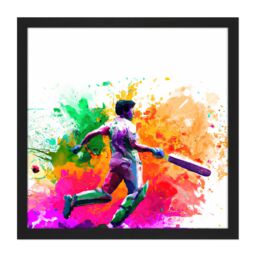 "Artery8 Wall Art Print Indian Cricket Batsman Sports Colour Burst Splatter Orange Pink Painting Square Framed Picture 16X16 Inch - Size: W16"" x H16""" - thumbnail 1
