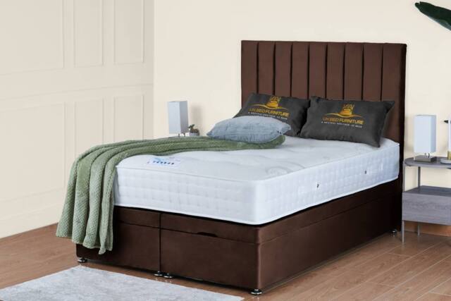 UK Bed Furniture Wilton End Lift Divan Ottoman Bed with 54 Inch Tall Headboard in Brown - Size: Double - image 1