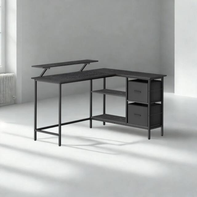 Pirlo Plush Industrial Rustic L-Shaped Corner Computer Desk With Drawers Black - image 1