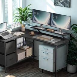 Pirlo Plush Industrial Rustic L-Shaped Corner Computer Desk With Drawers Black - thumbnail 3