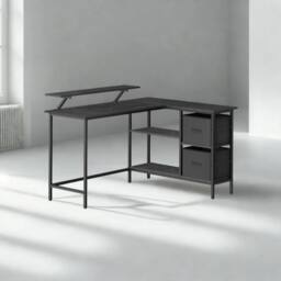 Pirlo Plush Industrial Rustic L-Shaped Corner Computer Desk With Drawers Black - thumbnail 1