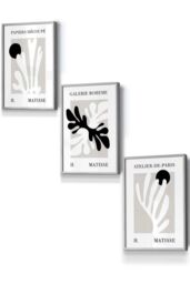 ARTZE Set of 3 Light Grey Framed Matisse Floral Cut Out Style in Black & Beige Wall Art - Size: W53 cm x H73 cm x D20mm - thumbnail 1