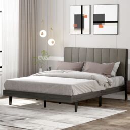 Costway Upholstered Bed Frame Wooden Slats Support Mattress Foundation in Grey - thumbnail 3