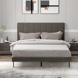 Costway Upholstered Bed Frame Wooden Slats Support Mattress Foundation in Grey - thumbnail 5