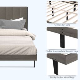 Costway Upholstered Bed Frame Wooden Slats Support Mattress Foundation in Grey - thumbnail 6